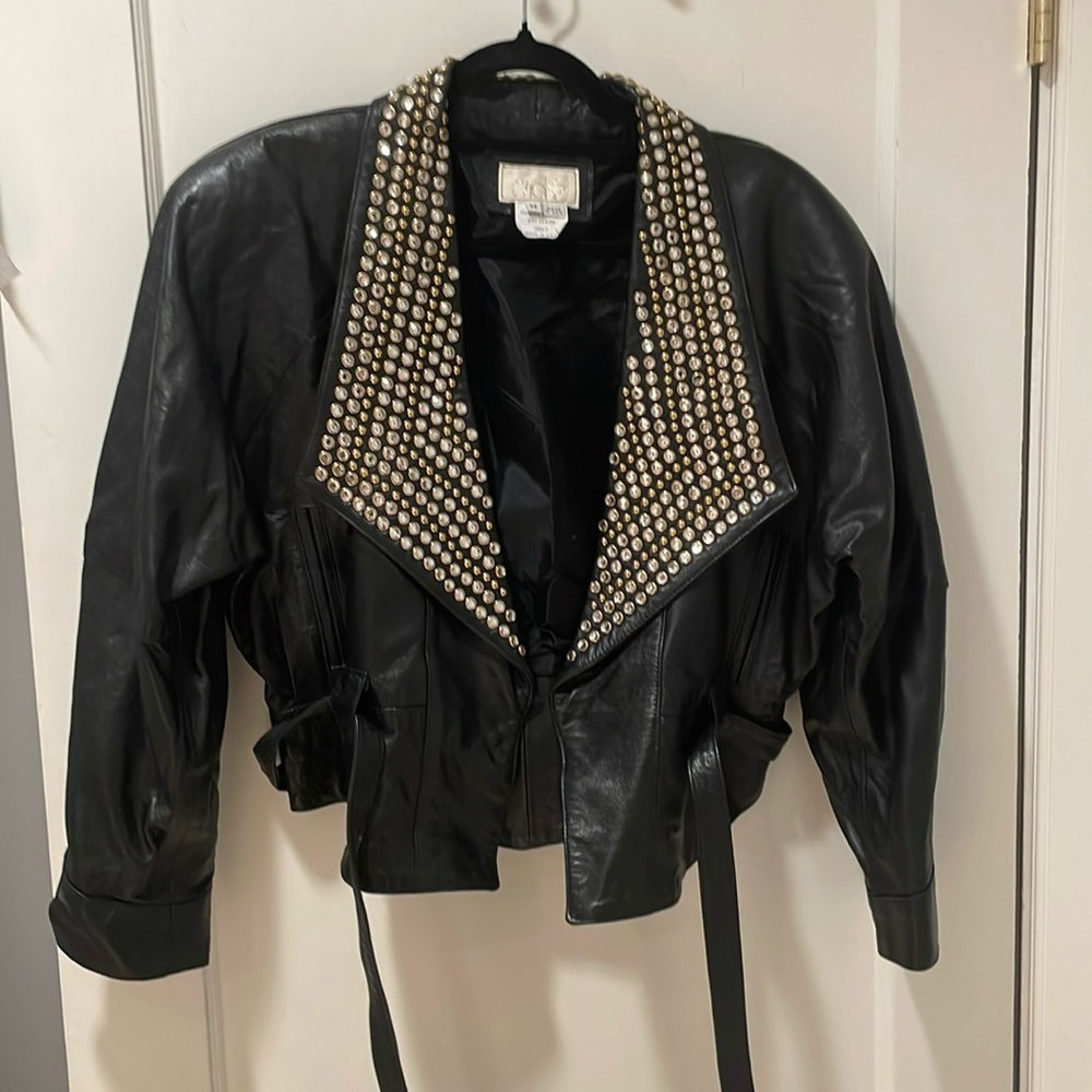 80’s oversized cropped studded gold and sparkle leather jacket by cache Ty waist